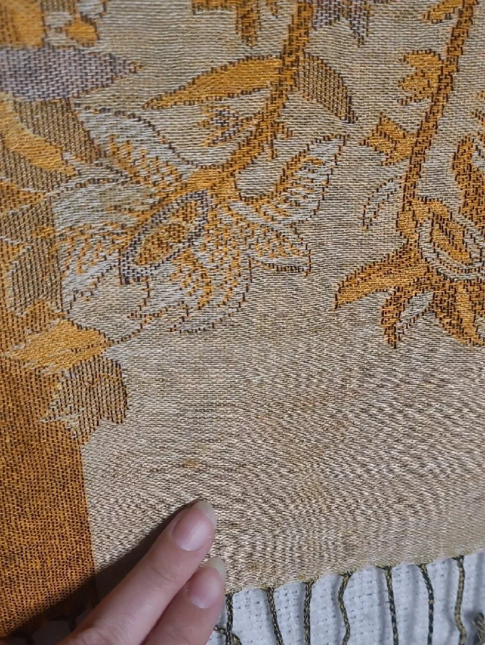 Reversible Ochre Floral Woven Shawl Scarf Fringe Wrap
